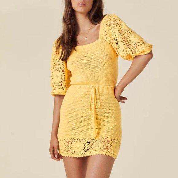 Spell Let The Sunshine In Crochet Mini Dress Yellow Size Small - Picture 2 of 7
